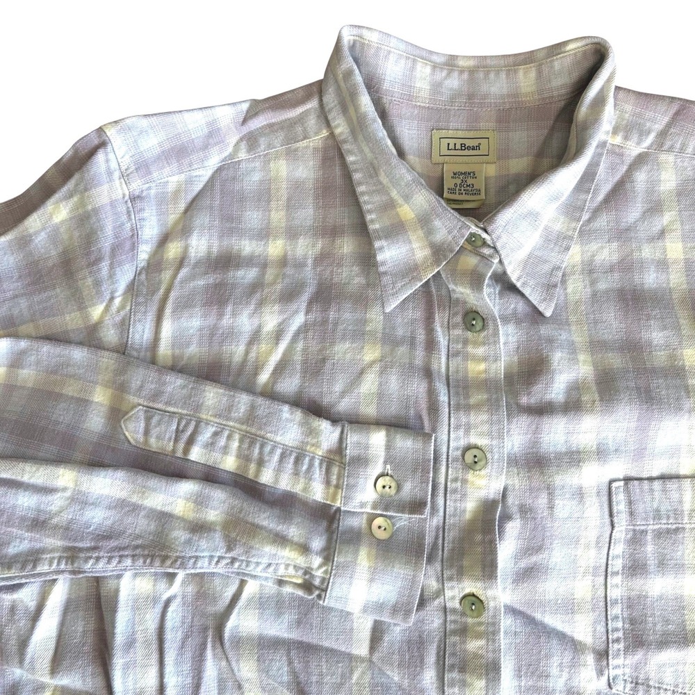 LL Bean Womens Button Down Shirt 3X Purple Plaid Cotton Flannel Cottagecore